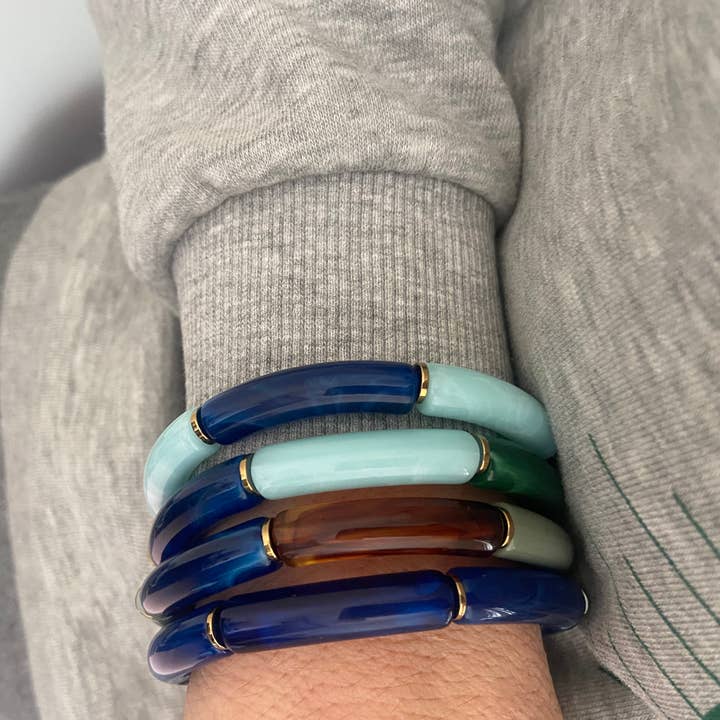 0.5 cm thin mixed blue and green tube elastic bracelet for wholesale by Misdi By Diane