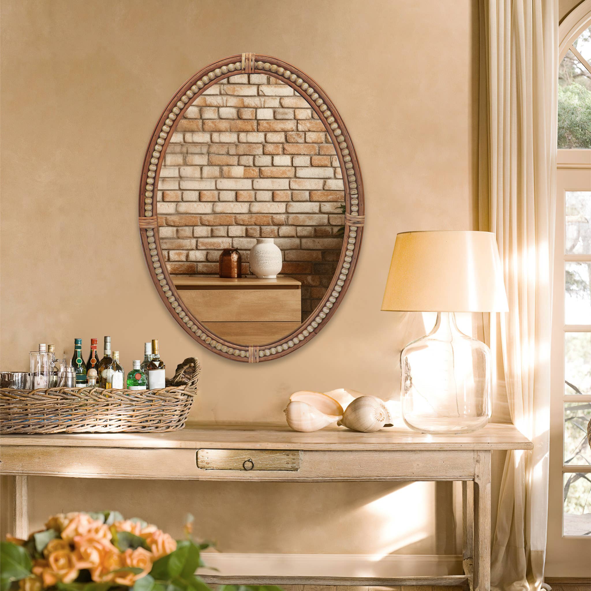 Paris Loft Inc – wholesale Wall mirror – 26 Inch Boho Oval Mirror with Beads and Rattan Decor0