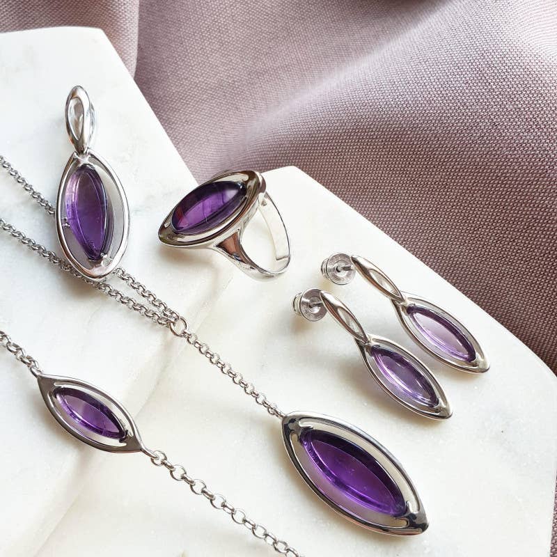 Violet Anello con navetta in ametista viola naturale, argento 925 in vendita all'ingrosso su Faire1