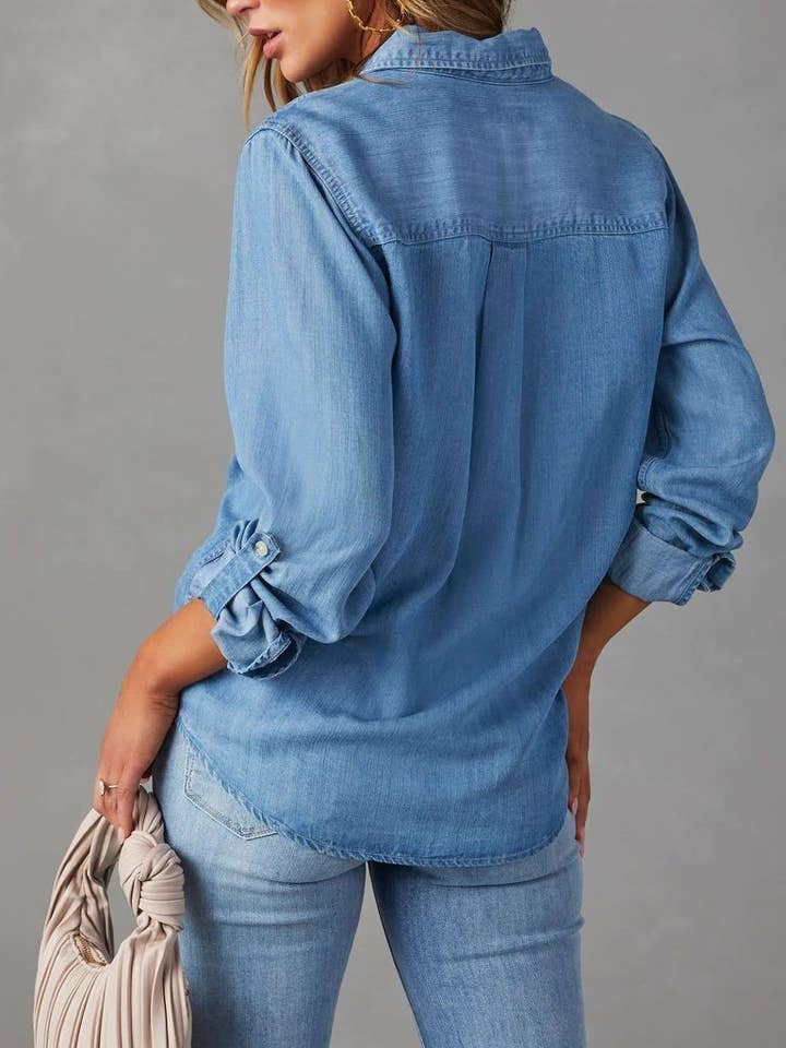 Dipped Shop - Wholesale Button Down Shirt - Women's - Casual Lapel Collar Button Down Denim Shirt DP25E5682