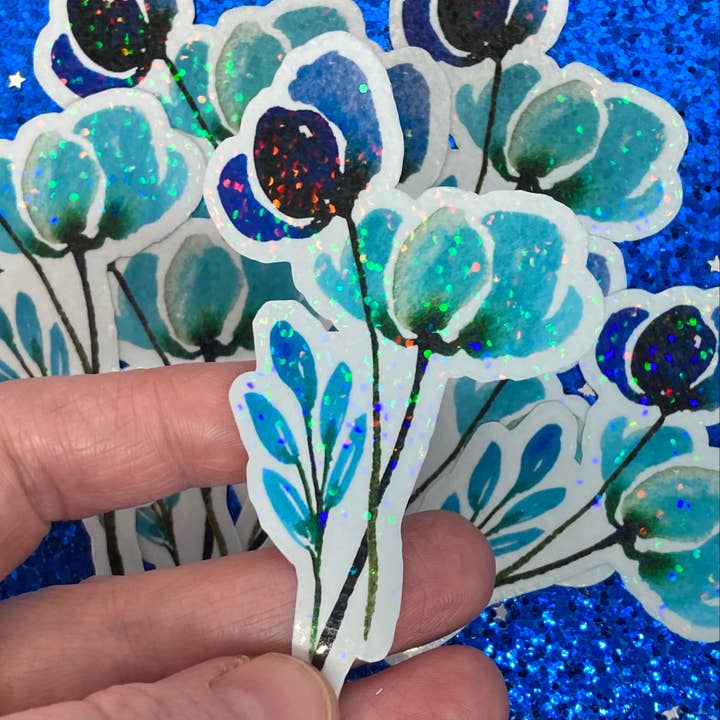 Aqua Blue Flower Waterproof Glitter Sticker for wholesale by stickersbyjodi