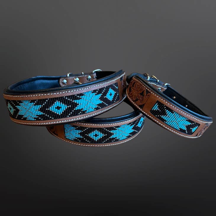 Wholesale Western Leather Turquoise Black Beaded Bling Dog Collar
