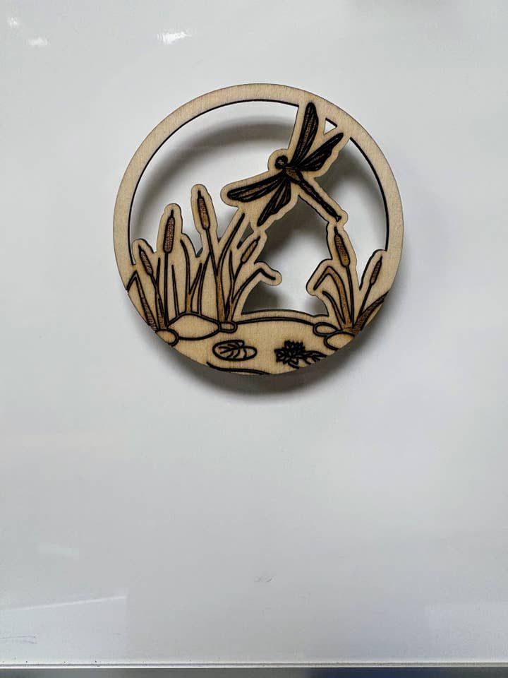 Dragonfly Pond Wood Magnet for wholesale by Chickadee Woods Designs, LLC