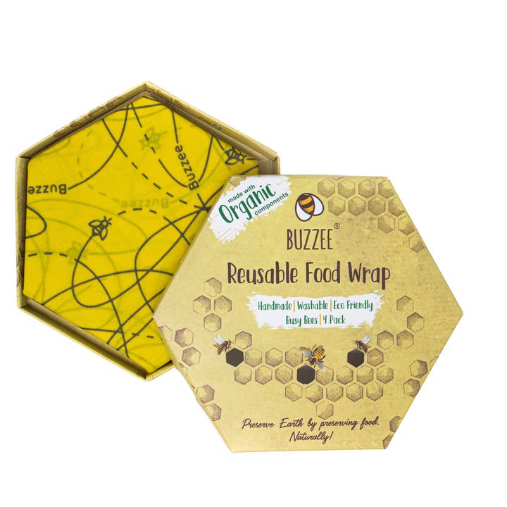 Buzzee - Wholesale Food storage wrap/bag - Reusable Beeswax Food Wraps - Busy Bees - 4 wraps / Pack3
