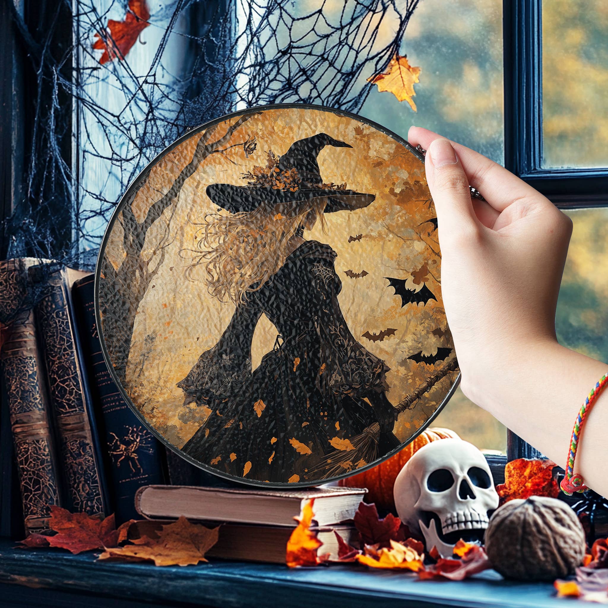 NVC Ecommerce LLC – wholesale Suncatcher – Witch Halloween Suncatcher, Gothic Witch Glass ornament4