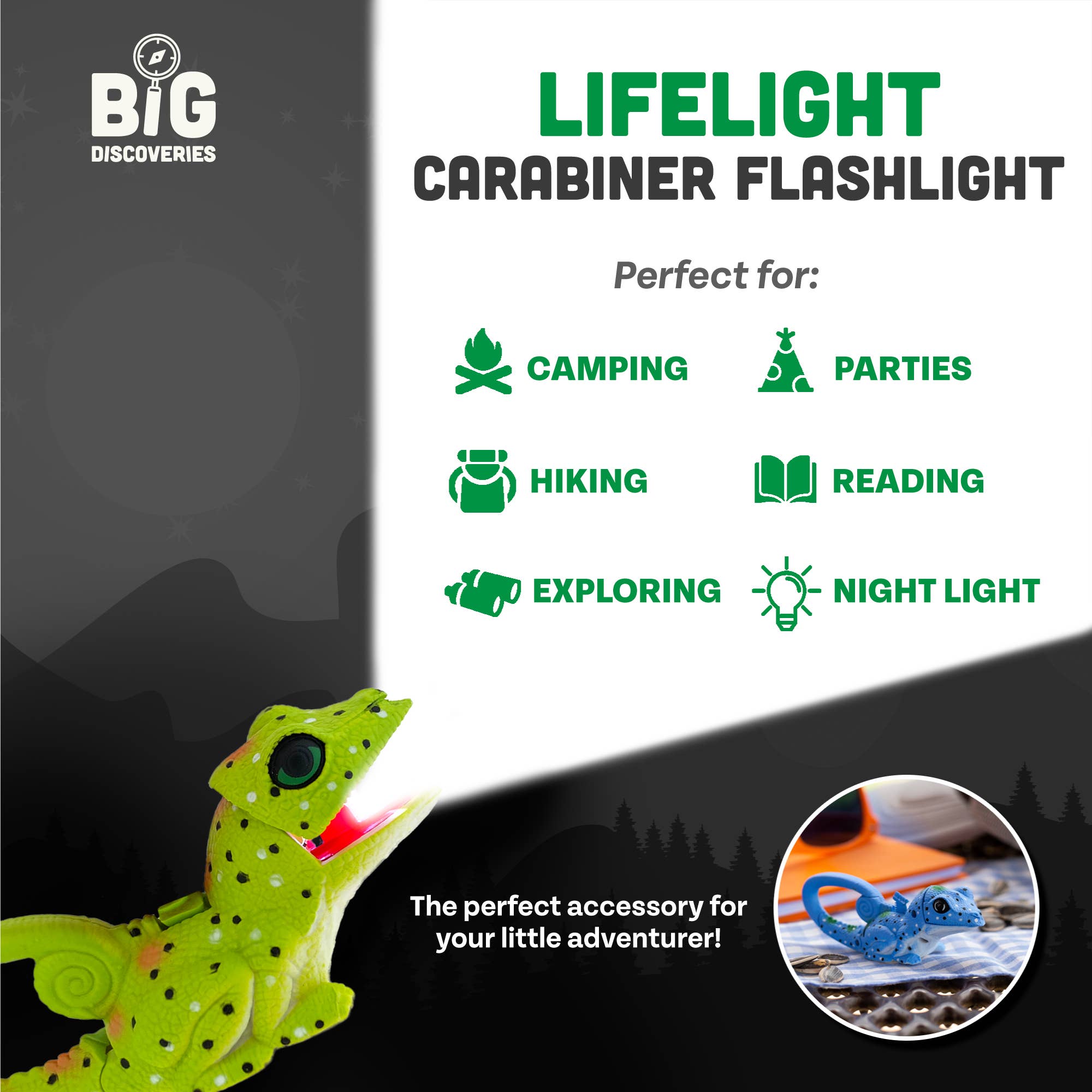 Big Discoveries / Sun Co. - Wholesale Lichtgevend/oplichtend speelgoed - Kinderen en baby - LifeLight zaklamp met karabijnhaak voor dieren - Groene hagedis6