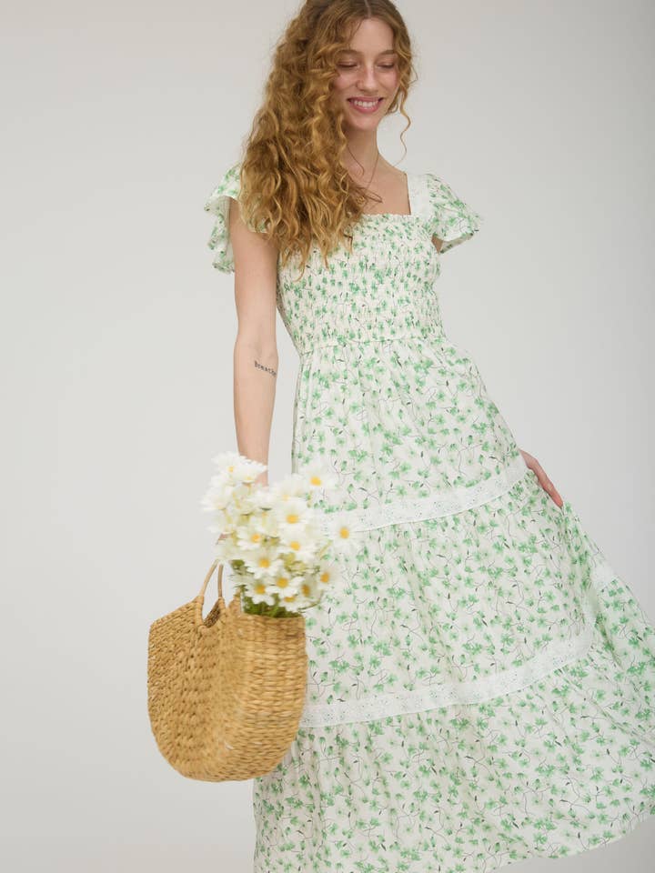 FLORAL LACE TRIM SMOCKED TIERED MIDI DRESS for wholesale by MINE