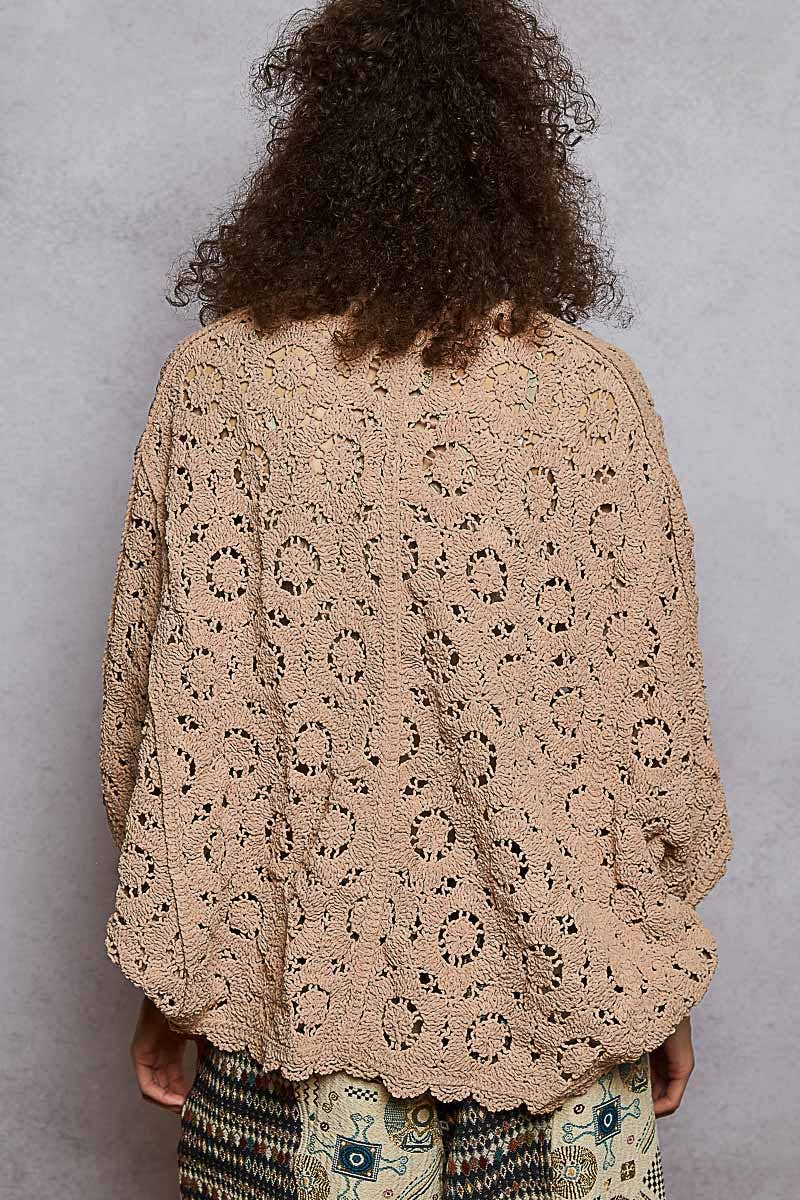 Pol Clothing - Wholesale Cardigan - Women's - Long sleeve v neck floral pattern crochet chenille cardigan25