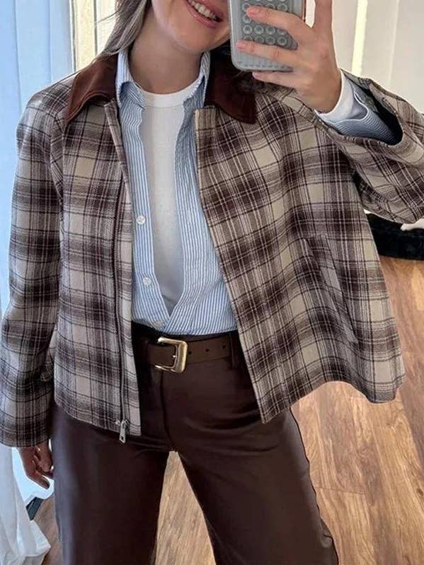 Plaid Zip-Up Jacket with Contrast Collar for wholesale by Anna Kaci Wholesale