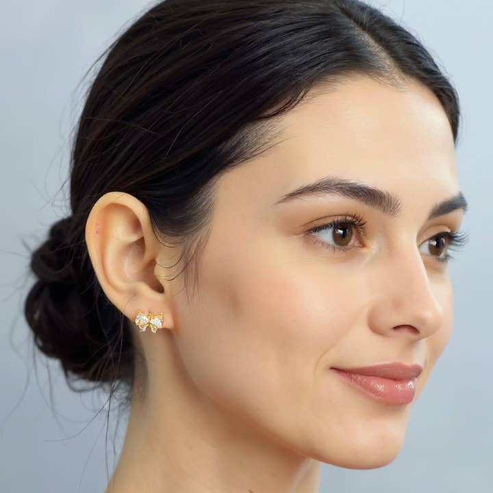 Sensibling Corp. - Wholesale Stud/Post Earrings - 14K Gold Dipped CZ Stone Mini Bow Stud Earrings2