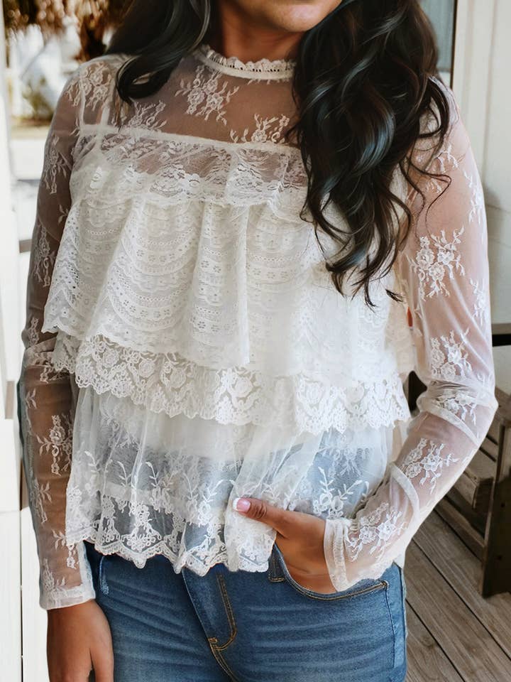 Blouse à volants en dentelle florale transparente à empiècements (S-XL) 2 pièces pour la vente par 66DISCO