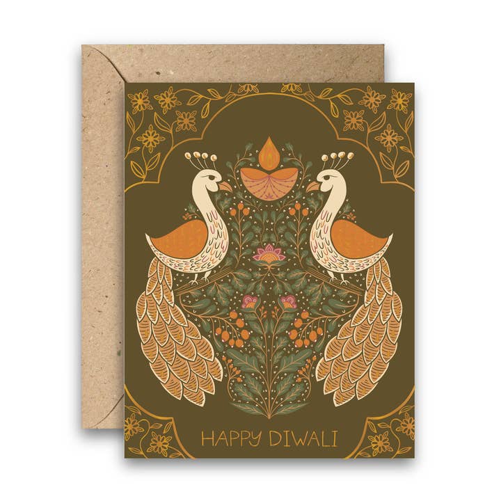 Festival of Lights – Gold Foil Diwali Card with Peacocks for wholesale by Amicreative