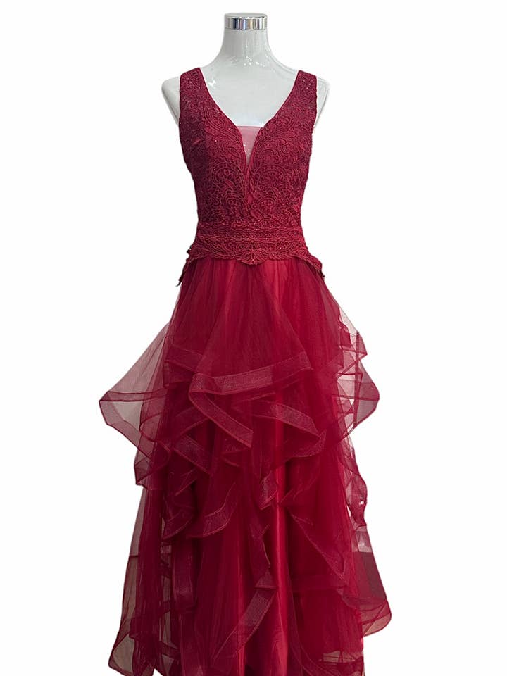 Red Bordeaux lace tulle evening dress for wholesale by Les Voiliers