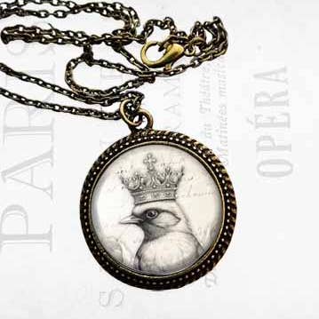 Bird With Crown Glass Pendant Necklace for wholesale by Bungalow Blue Trading Co