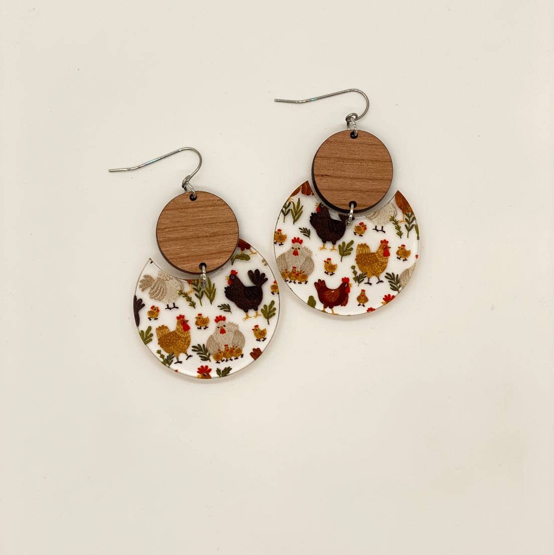 Holly and Liz - Wholesale Dangle Earrings - Chickens and Wood Circle Drops
