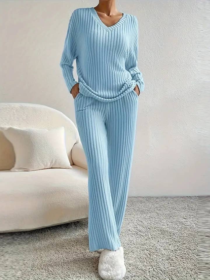Rosa Clothing - Wholesale Top & Pant Set (NOT Loungewear) - Women's - Ribbed V-Neck Long Sleeve Shirt & Pants Set1