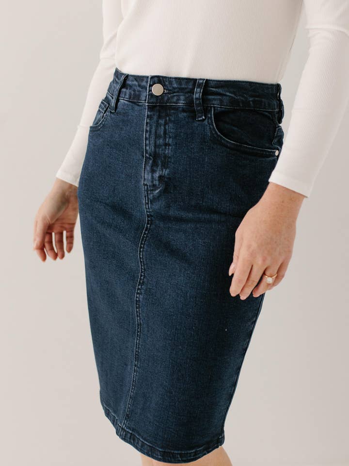 The Main Street Exchange - Wholesale Skirt - Women's - 'Krista' Knee Length Denim Pencil Skirt in Dark Wash FINAL SALE9