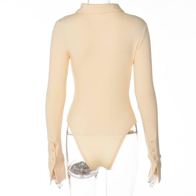 UNISHE - Wholesale Bodysuit - Women's - Plain Button UP Long Sleeves One Piece Bodysuit ZZKF41018