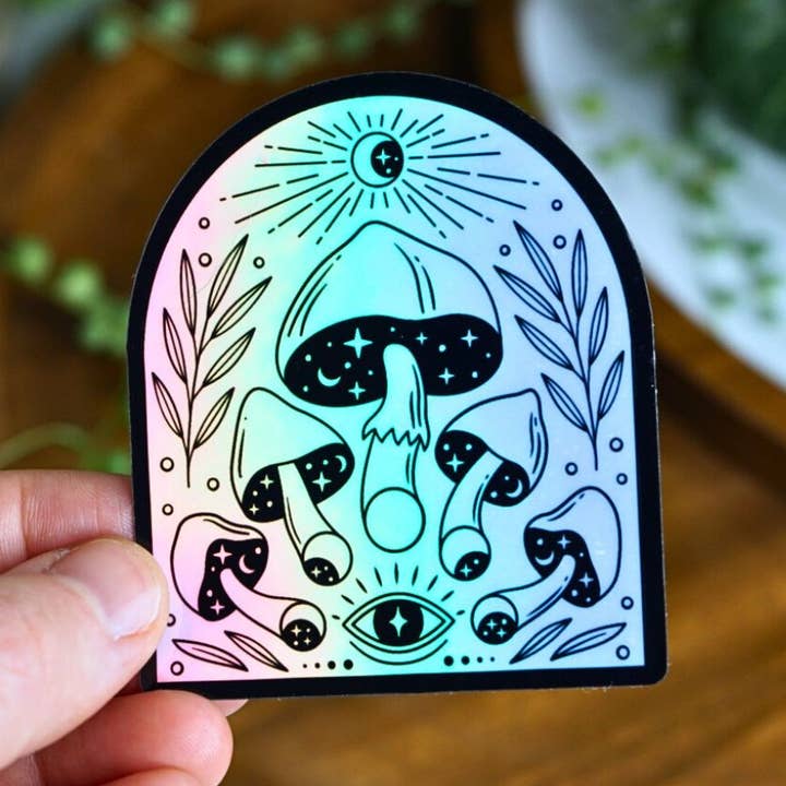 Holographic Mushroom Sticker | Celestial Sticker for wholesale by Mindful over Mind Full