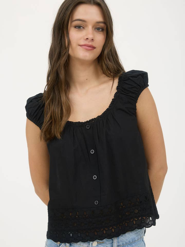 Blu Pepper - Wholesale Blouse - Women's - EYELET LACE TRIM SHORT SLEEVE BUTTON DOWN BLOUSE