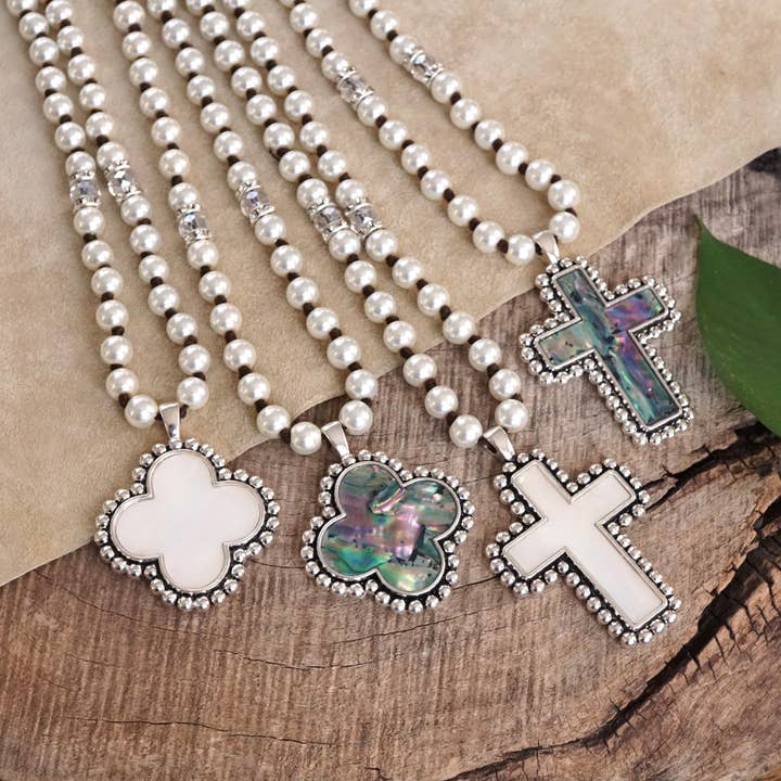 Pearlized beads Necklace with Cross and Clover pendant Mother of Pearl Abalone for wholesale by PennyLine inc