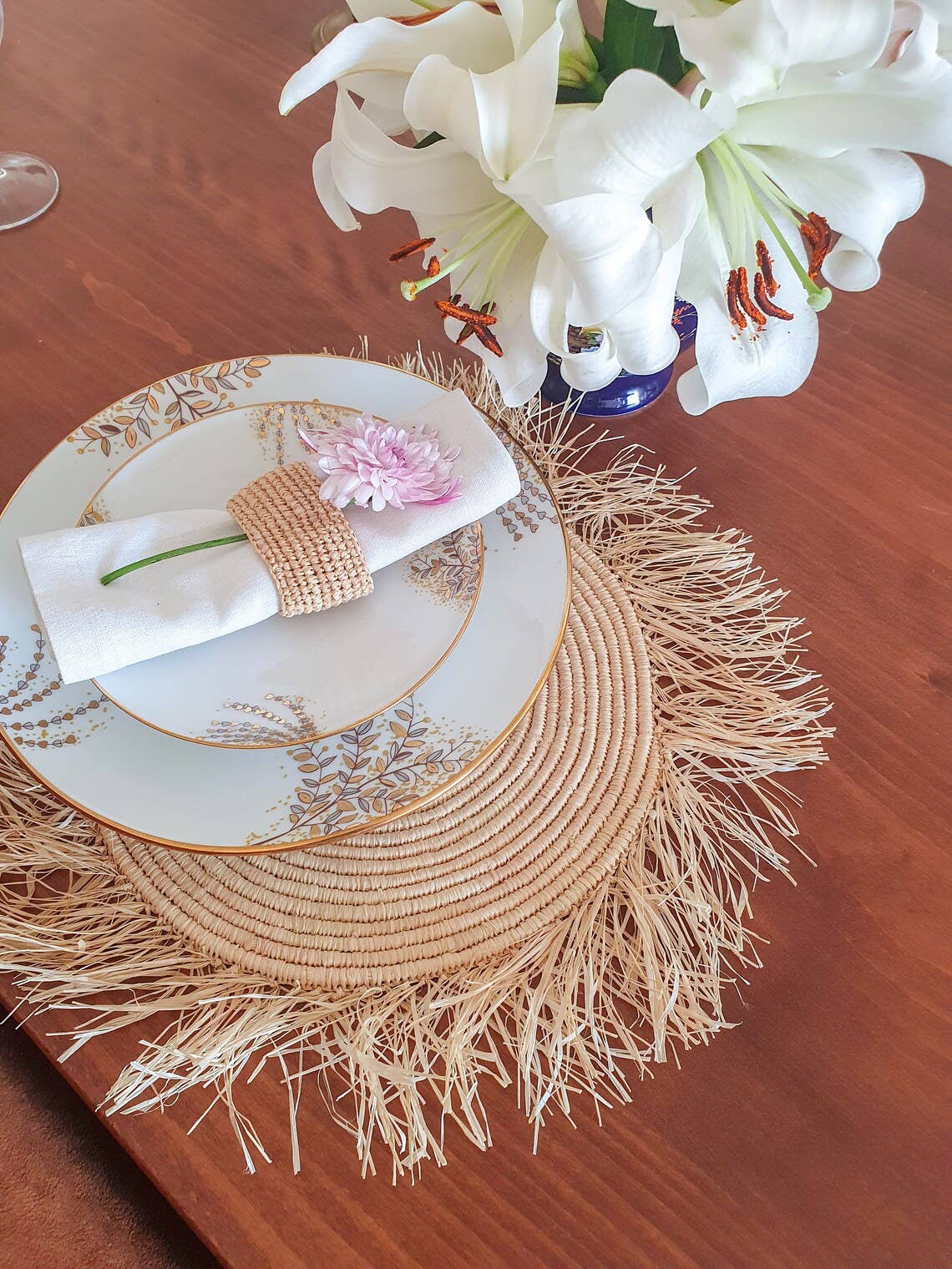 HandmadeBestSeller – wholesale Placemat – Round raffia table set with fringes Moroccan7