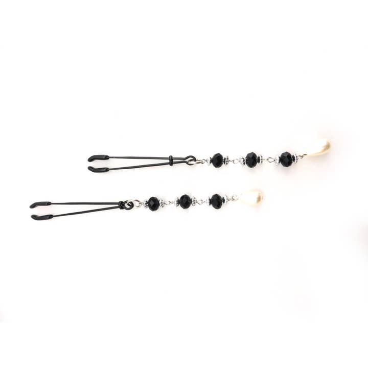 Nipple Clamp -Tweezers - Black Beads - Pearl Drop for wholesale by Bijoux De Nip