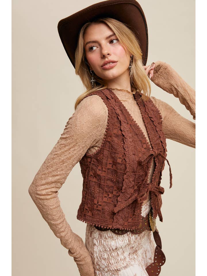 Listicle - Wholesale Outerwear Vest - Women’s - Embroidered Lace Tie-Front Vest LVT00940
