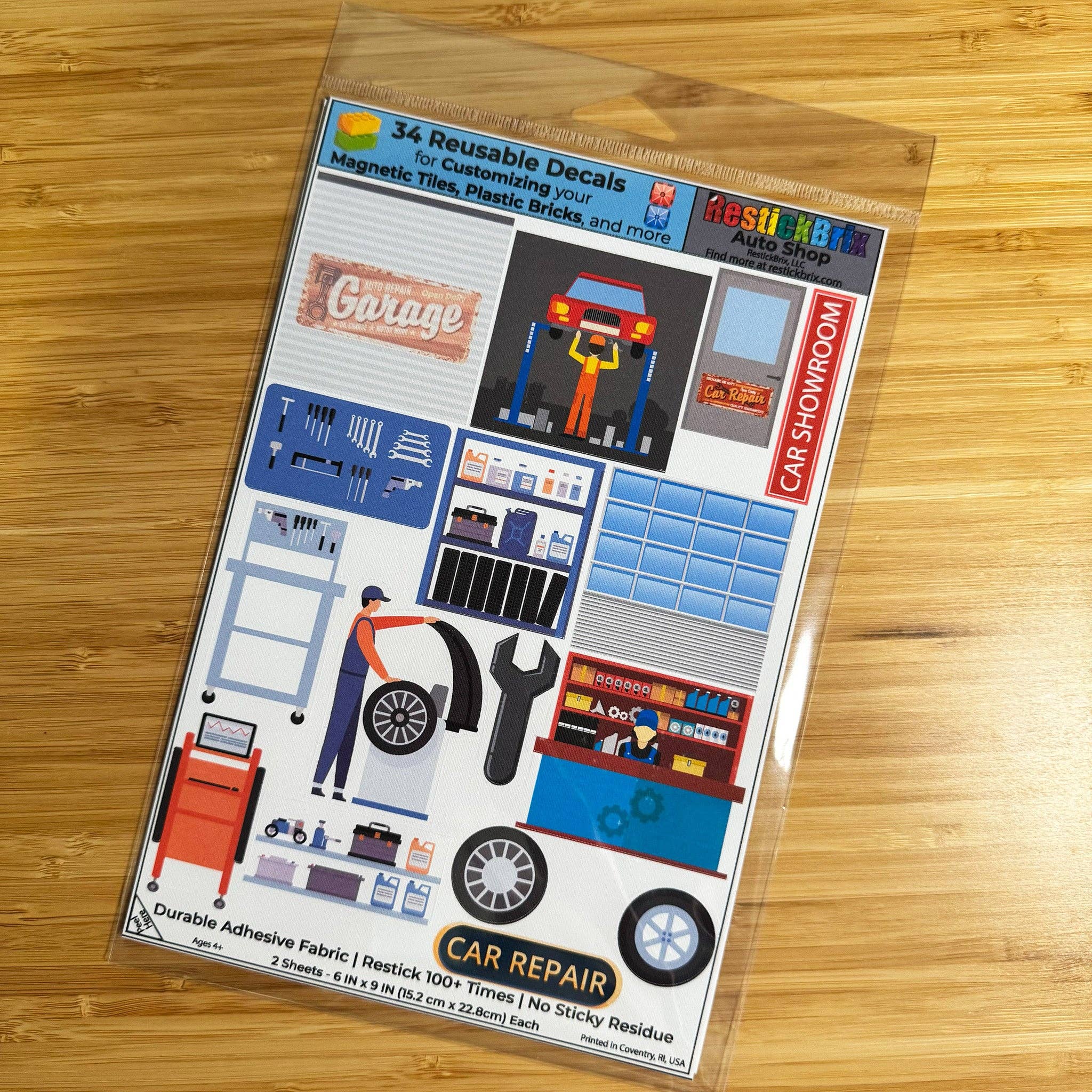 RestickBrix - Wholesale Building Set - Kids - Reusable Decals for Magnetic Tiles & Bricks - Auto Shop5