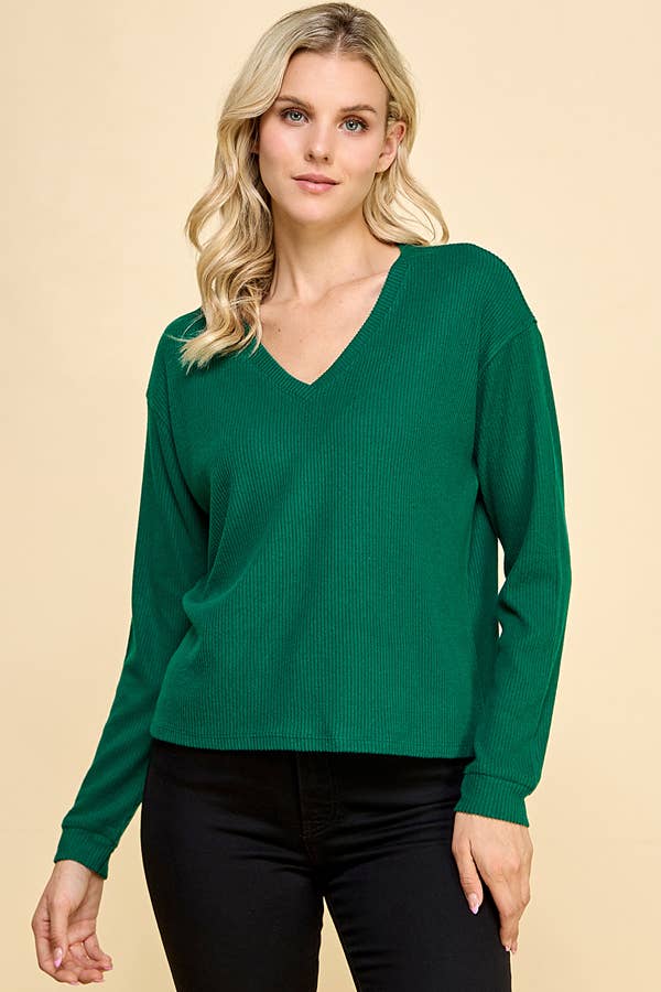 Heart & Hips - Venta al por mayor Jersey corto de punto - Mujer - RT51814L - CAMISETA DE MANGA LARGA CON CUELLO EN V Y AJUSTE HOLGADO DE PUNTO RIBETEADO CEPILLADO11