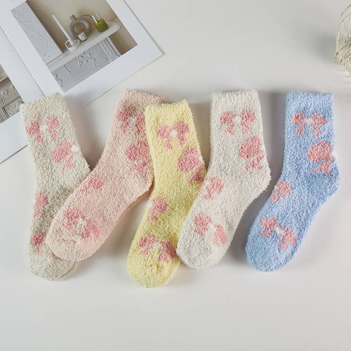 ASSORTED COLORS Bow Pattern Fuzzy Winter Socks for wholesale on Faire