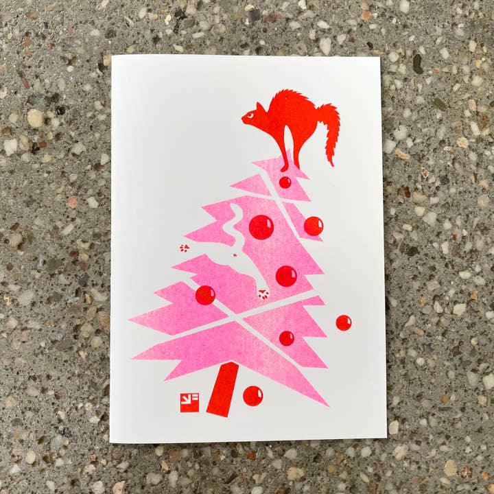 VrijFormaat - Wholesale Christmas Card - Christmas card - Catmas Tree - riso print pink/red