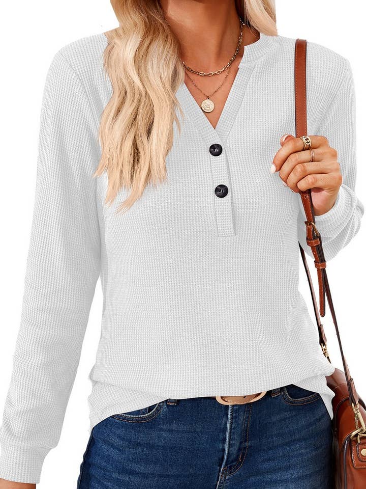 NINEXIS - Wholesale Blouse - Women's - CWTBLL01312_V NECK BUTTON SOLID LONG SLEEVE LOOSE TEE3