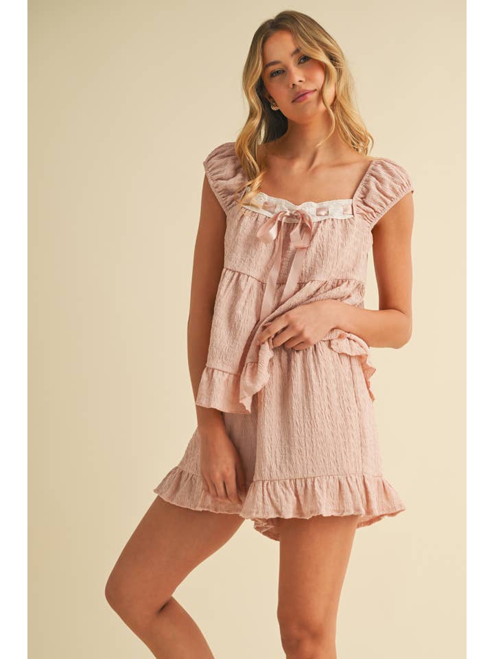 Klesis - Wholesale Lounge Set - Women's - IST5888 CONTRAST RIBBON RUFFLED HEM TOP AND SHORTS SET2