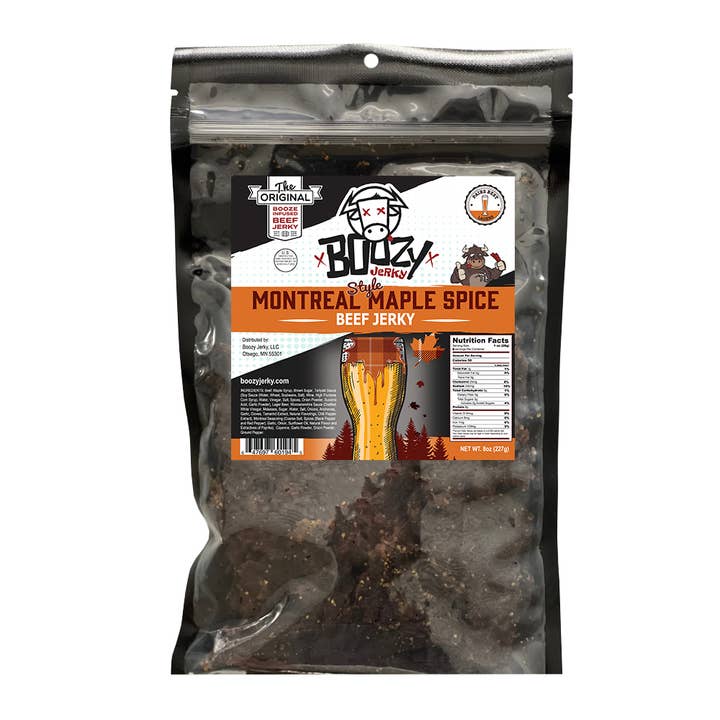 Montreal Maple Spice Lager Jerky Large 8oz "Growler Bag" for wholesale by Boozy Jerky
