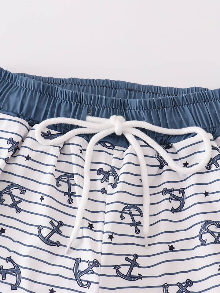 Aspen Rain Boutique - Wholesale Swim Shorts - Men's - Blue stripe anchor print dad swim trunks1