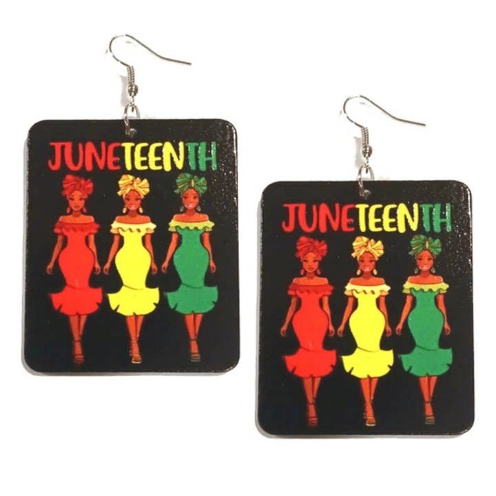 QUEEN of JUNETEENTH Rectangle Statement Dangle Wood Earrings for wholesale by Kerena Nicole
