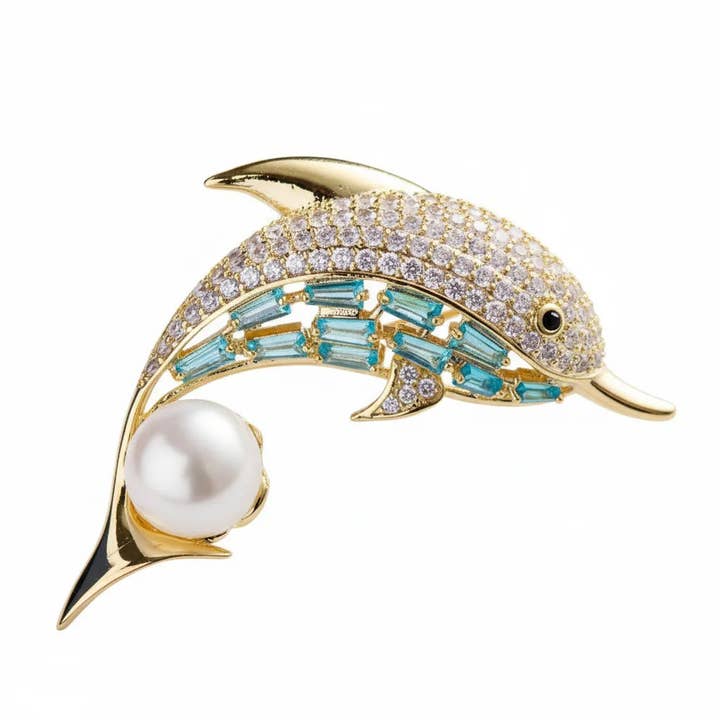 Dolphin Pearl Crystal Brooch for wholesale by Angel Barocco
