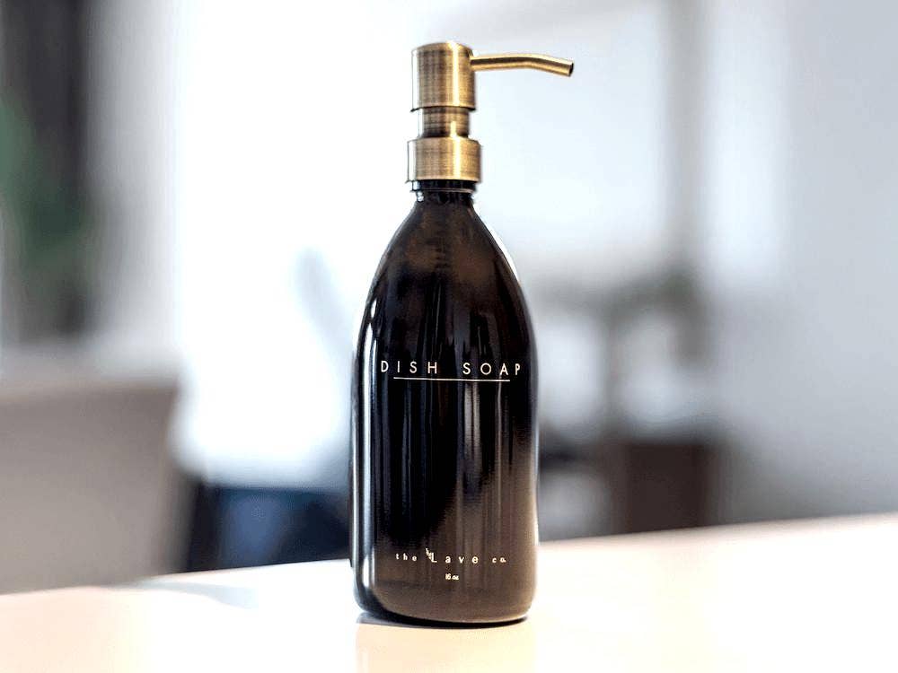 the Lave co - Wholesale Soap Dispenser - 16 oz Amber Glass "Dish Soap" Dispenser w/ Gold Pump1