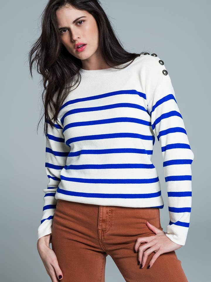 White sweater with buttons on shoulders and blue stripes for wholesale by Q2—All Orders:Free Duties for the US,UK,and Canada