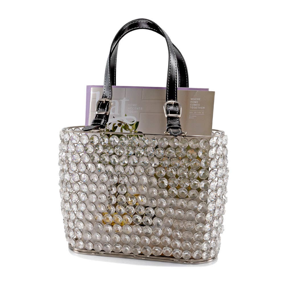 HomeRoots – wholesale Desk organiser – 11" Clear And Silver Faux Crystal And Metal Handbag Shaped Magazine Holder3