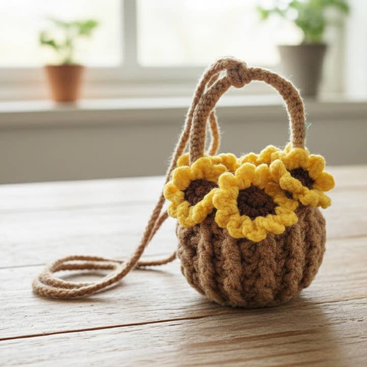 Crochet Sunflower Mini Basket | Handmade Boho Storage & Gift for wholesale by Handmade By Uruba