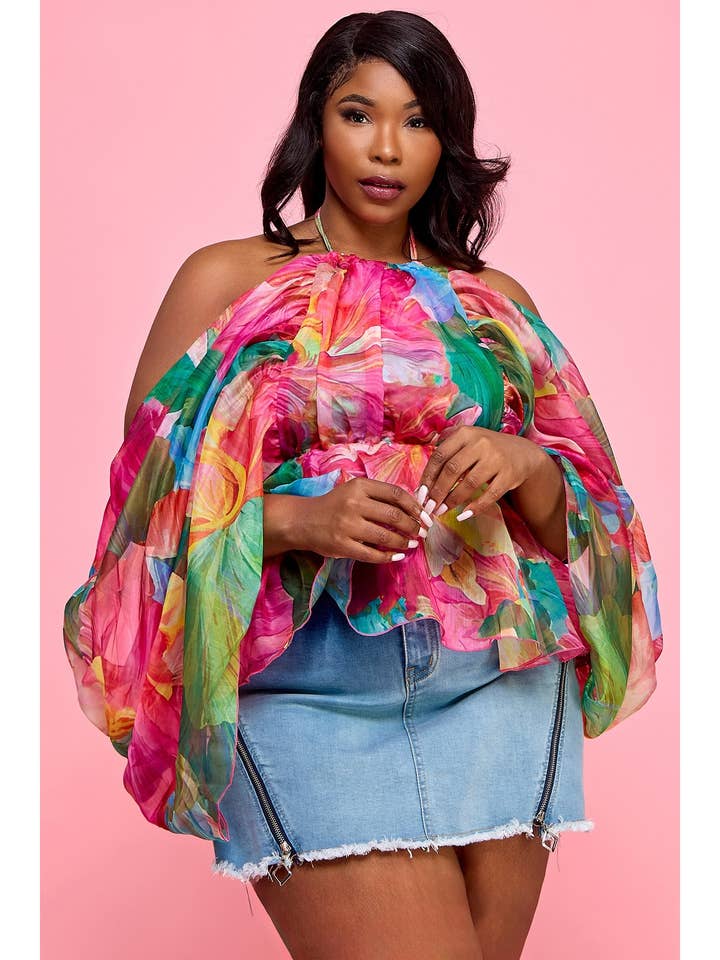 Tie Halter Neck Ruffle Hem Open Back Blouse Top for wholesale by FashionShowcase