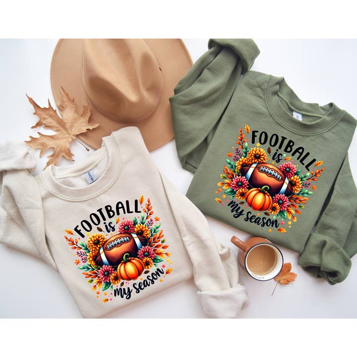 Football Is My Season Sweatshirt – Fall Game Day Crewneck in Sand or Military Green for wholesale by Midwest Prints