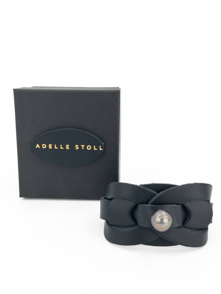 Luna Black Leather Cuff w/Tahitian Pearl California Made for wholesale by Adelle Stoll