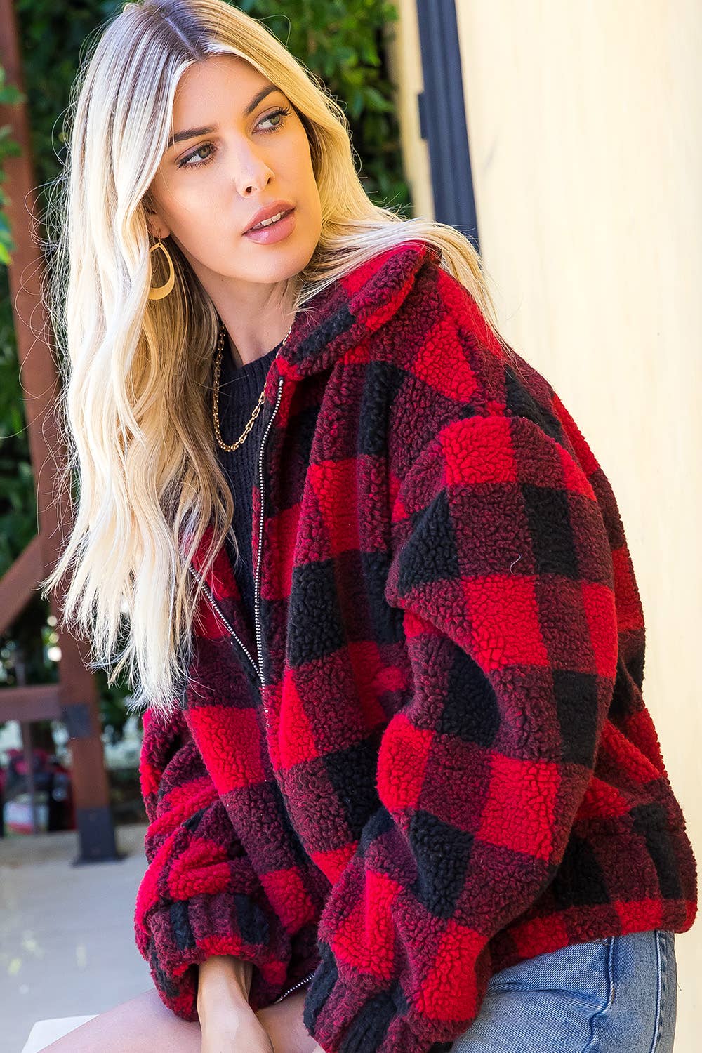 RED BLACK PLAID CHECKER ZIPPED JACKET for wholesale on Faire13