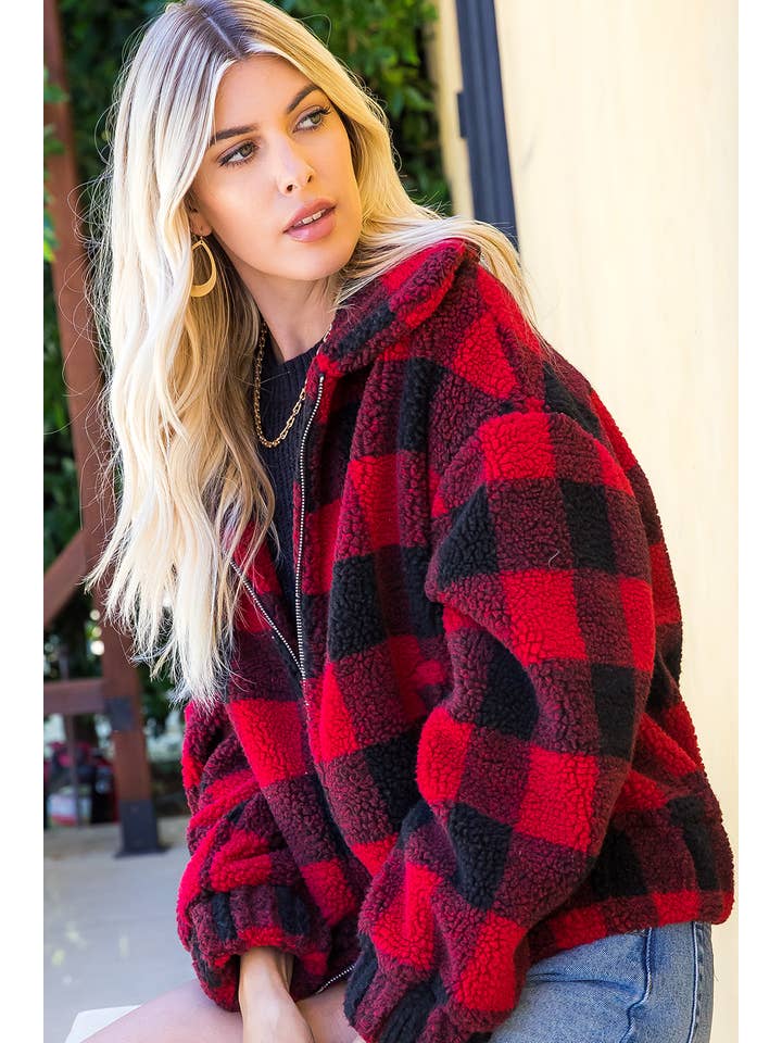 RED BLACK PLAID CHECKER ZIPPED JACKET for wholesale on Faire13