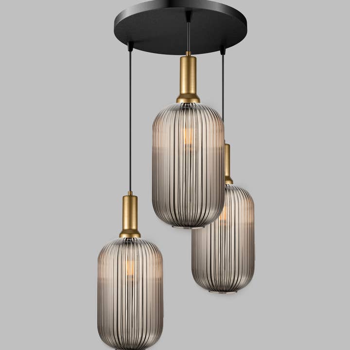 Eclipse Lighting - Wholesale Chandelier/Hanging Light - XL Amber Ribbed Glass Multi Pendant Light for Stairs, Mid-Century Modern Custom made Chandelier Light for Architects and Interior Designers16