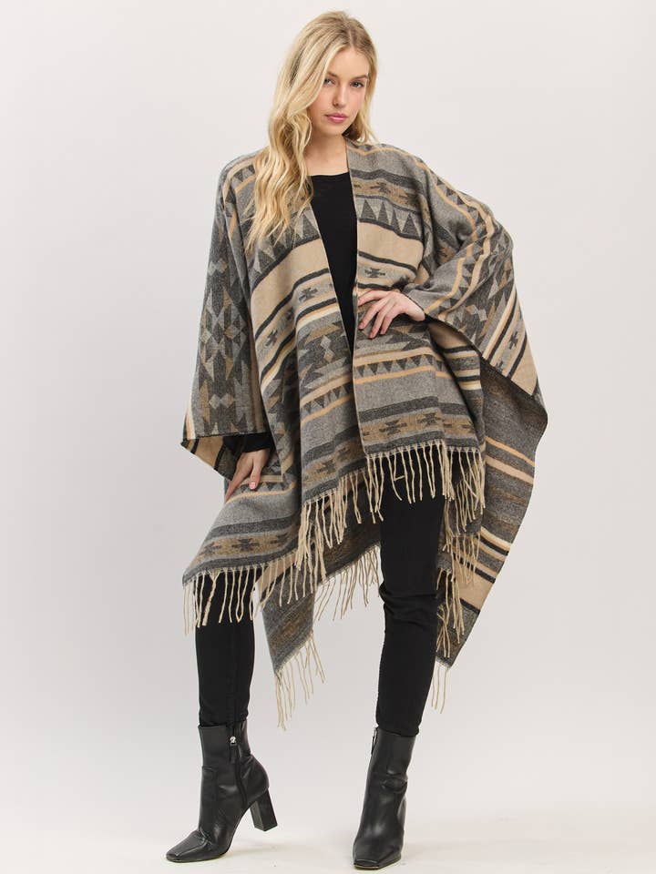 Aztec Pattern with Fringe Western Style Ruana for wholesale by Hana