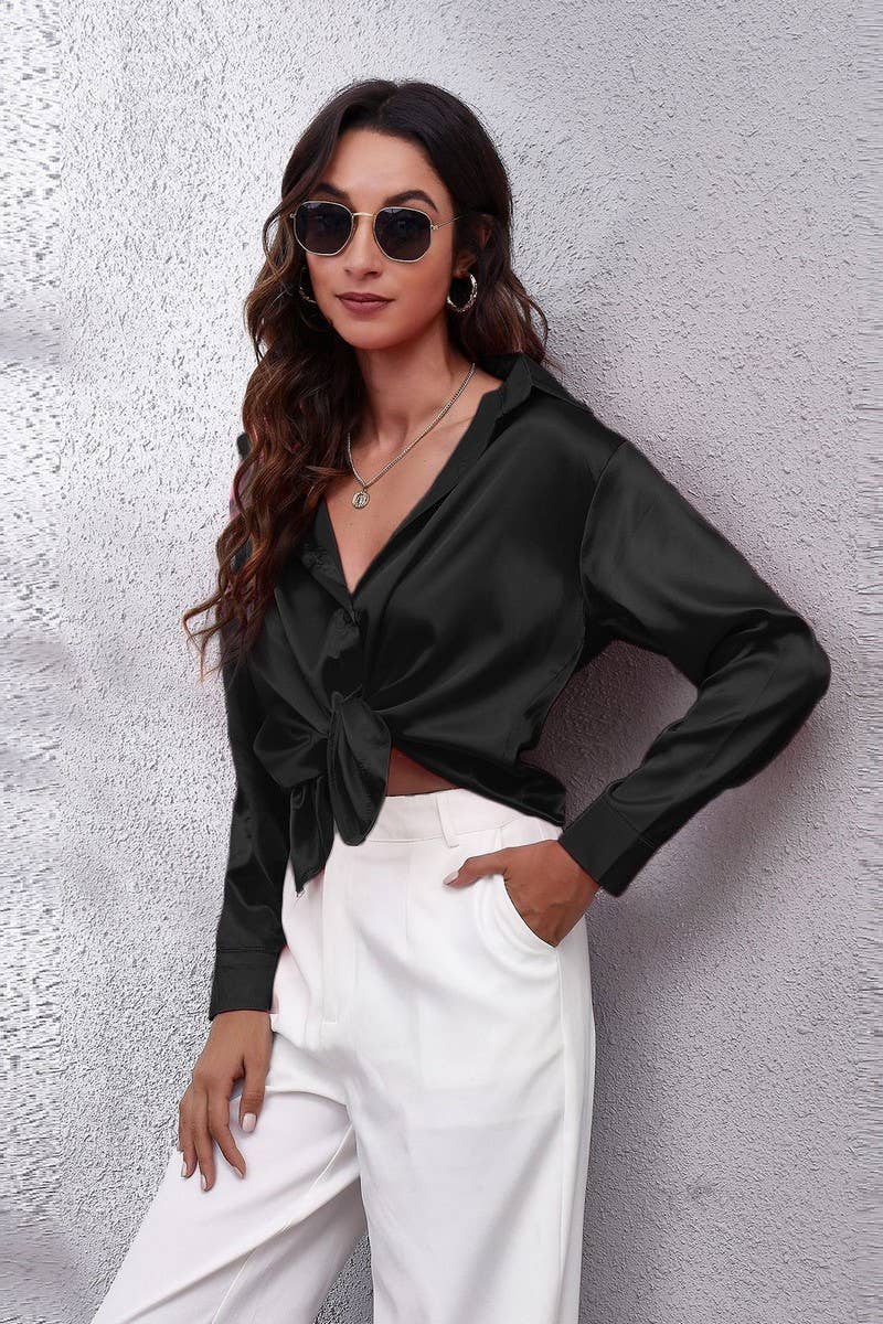 NINEXIS - Wholesale Button Down Shirt - Women's - CWTBLL0691_Button Down Silky Satin Long Sleeve Top9